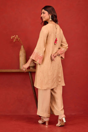 Beige Bandhani Print Embroidered Art Silk Co-ord Set - Tara-C-Tara