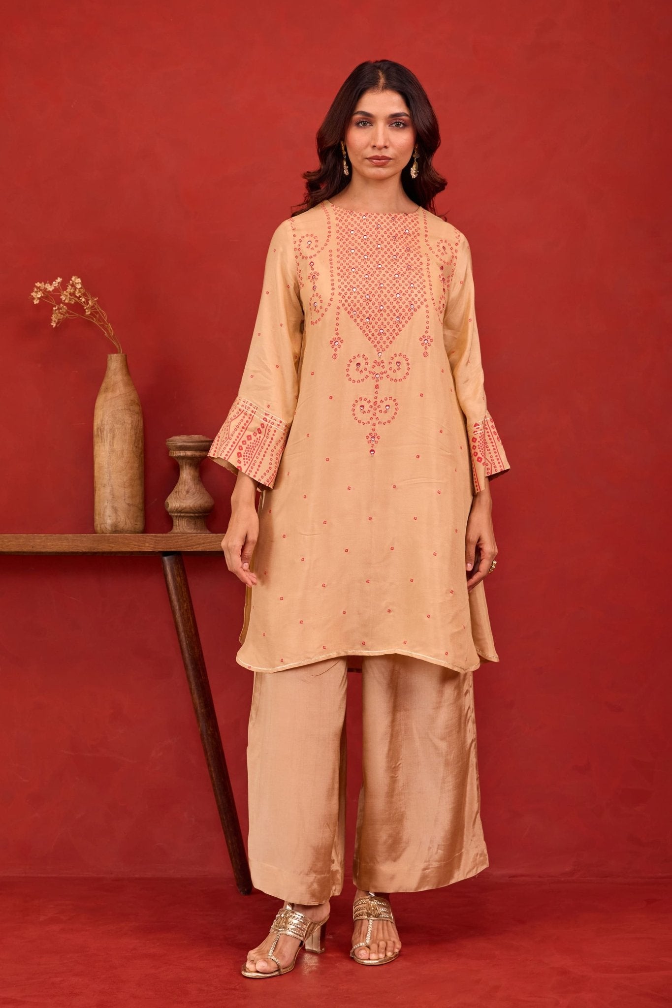 Beige Bandhani Print Embroidered Art Silk Co-ord Set - Tara-C-Tara