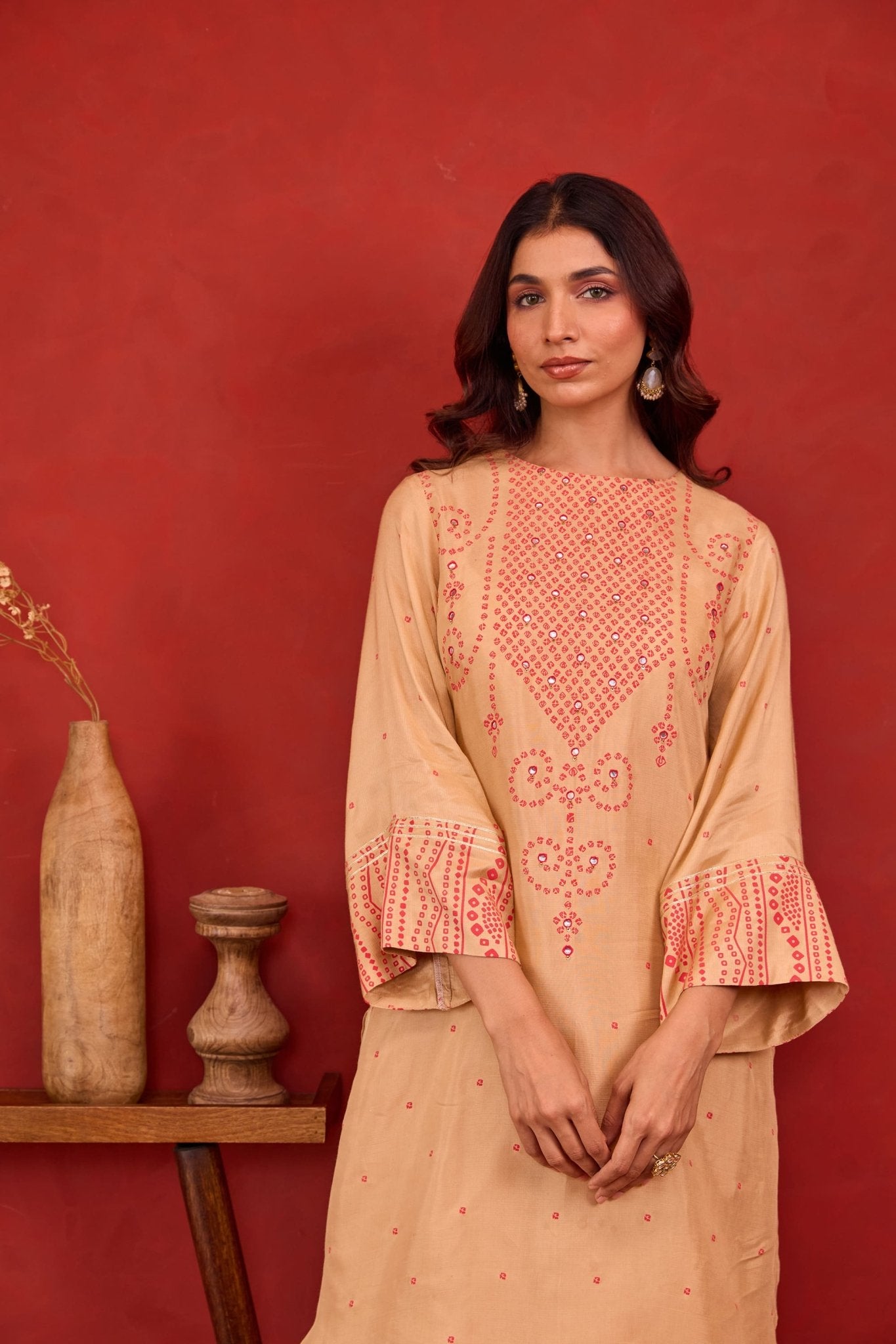 Beige Bandhani Print Embroidered Art Silk Co-ord Set - Tara-C-Tara