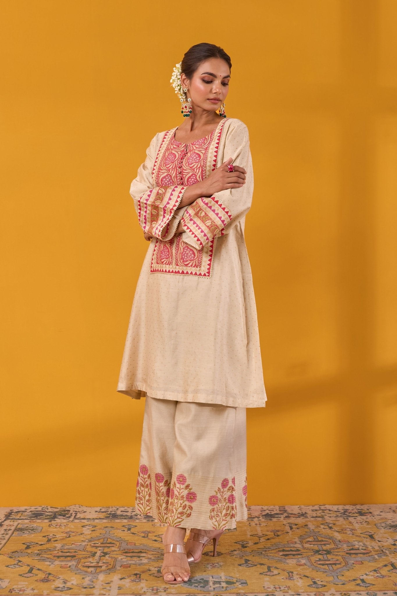 Beige Chanderi Hand Block Printed Coord Set - Tara - C - Tara