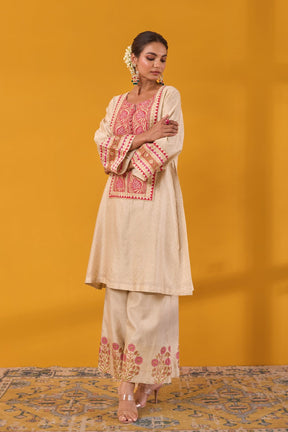 Beige Chanderi Hand Block Printed Coord Set - Tara - C - Tara