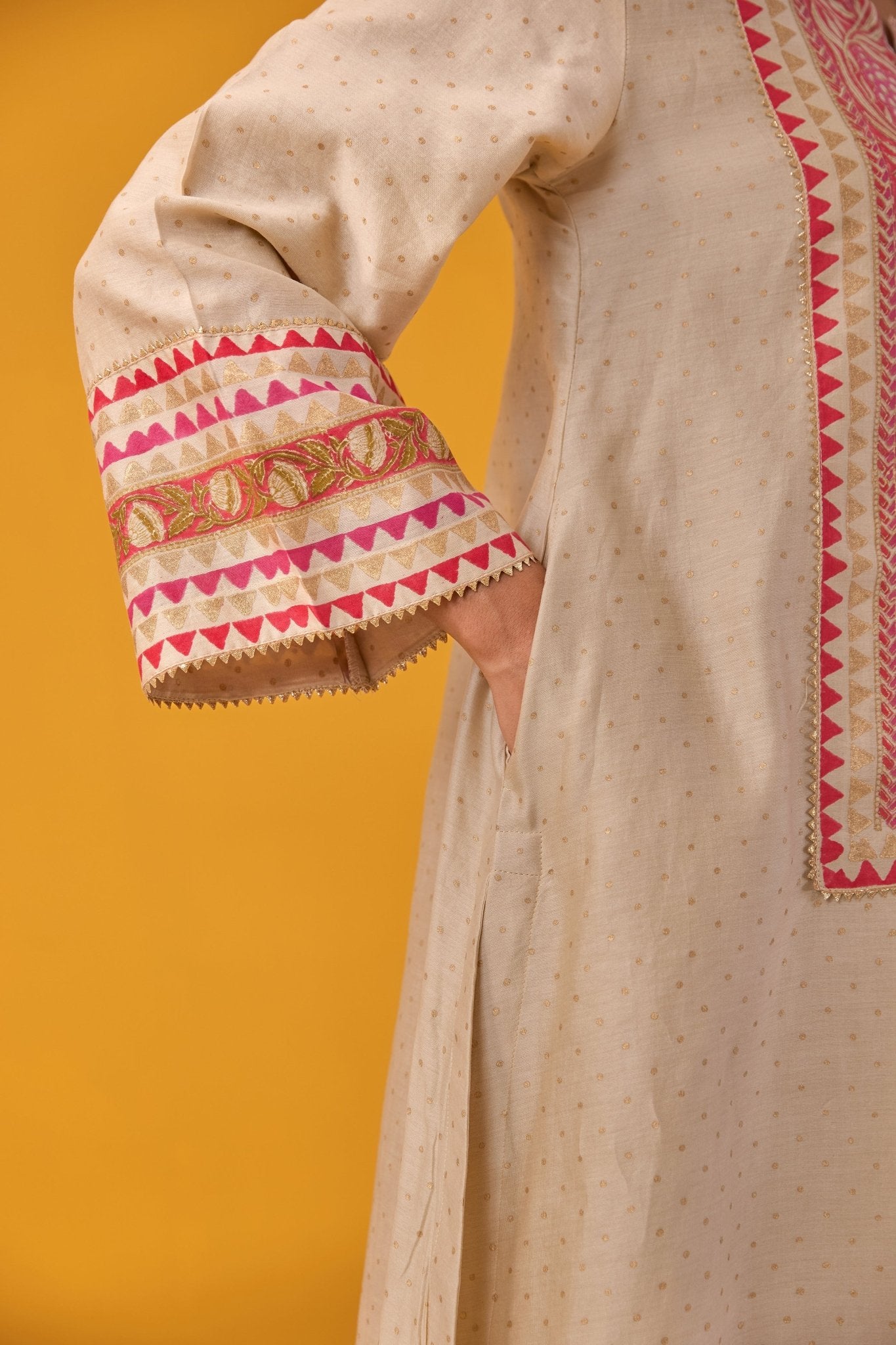 Beige Chanderi Hand Block Printed Coord Set - Tara - C - Tara