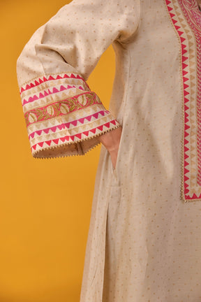 Beige Chanderi Hand Block Printed Coord Set - Tara - C - Tara
