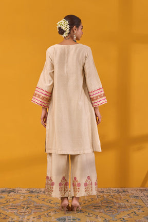 Beige Chanderi Hand Block Printed Coord Set - Tara - C - Tara