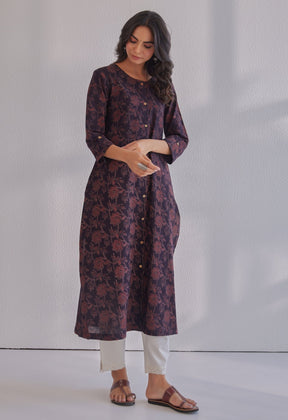 Black Ajrakh Hand Block Printed Cotton Kurta - Tara - C - Tara