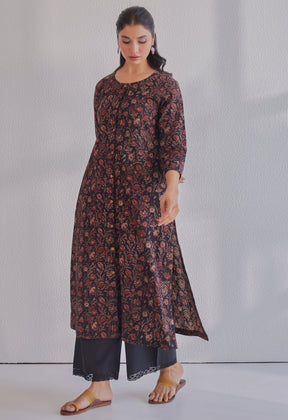 Black Ajrakh Hand Block Printed Cotton Kurta - Tara - C - Tara