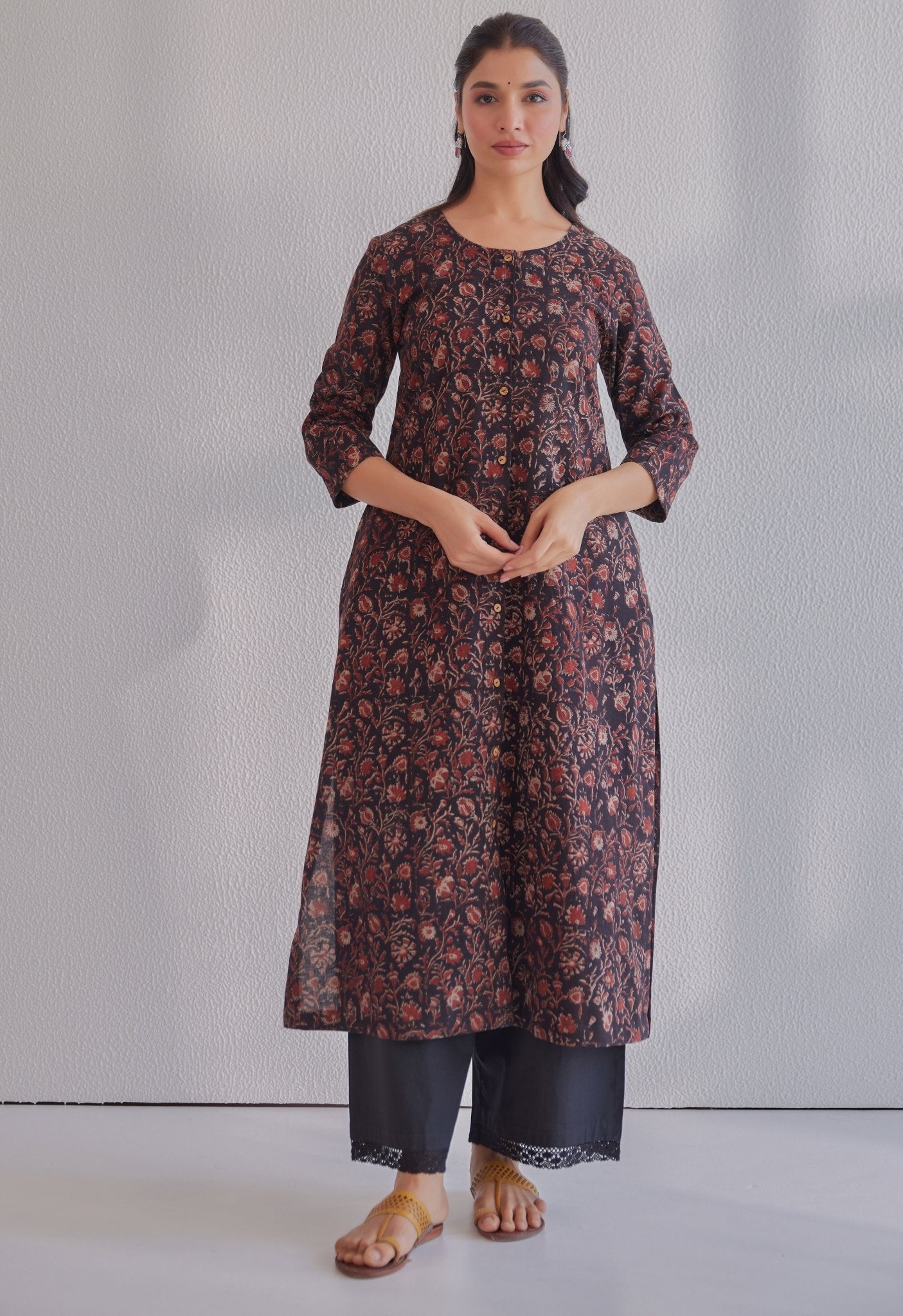 Black Ajrakh Hand Block Printed Cotton Kurta - Tara - C - Tara