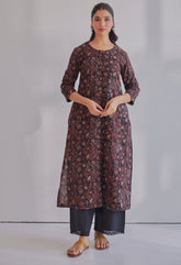 Black Ajrakh Hand Block Printed Cotton Kurta - Tara - C - Tara