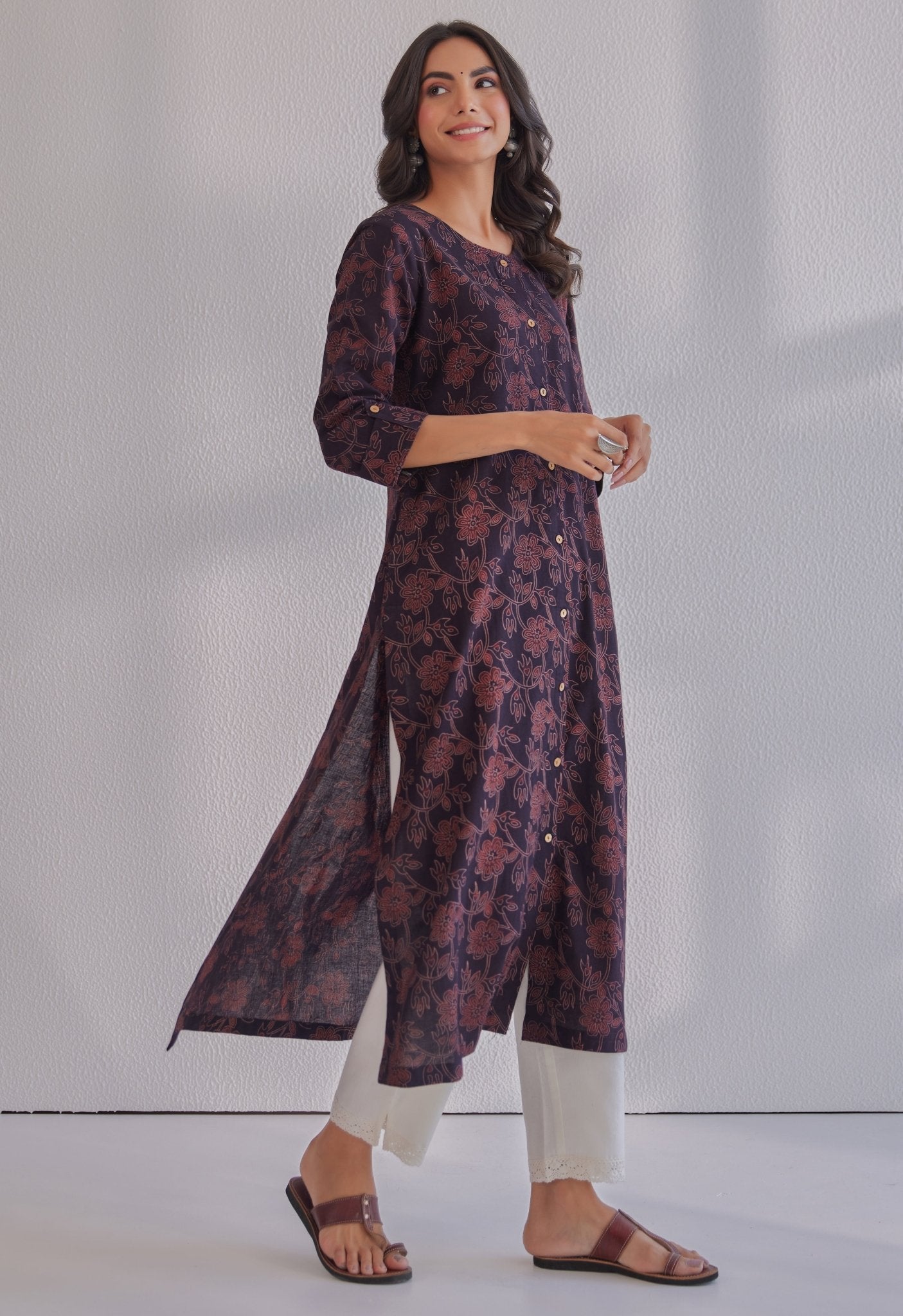 Black Ajrakh Hand Block Printed Cotton Kurta - Tara - C - Tara