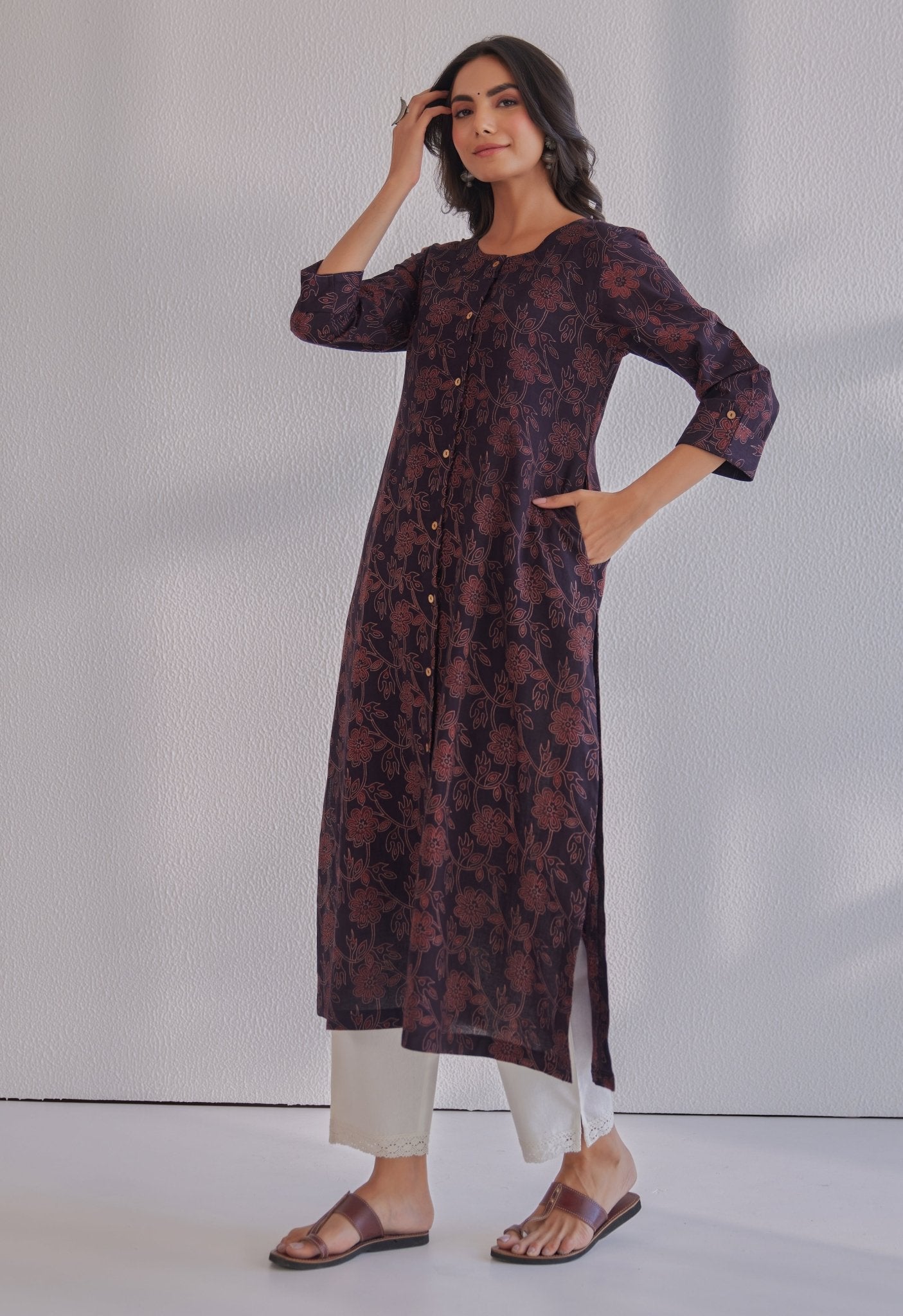 Black Ajrakh Hand Block Printed Cotton Kurta - Tara - C - Tara