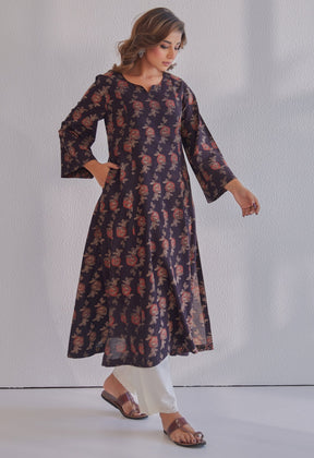 Black Ajrakh Rose Hand Block Printed Cotton Kurta - Tara - C - Tara