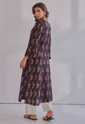 Black Ajrakh Rose Hand Block Printed Cotton Kurta - Tara - C - Tara