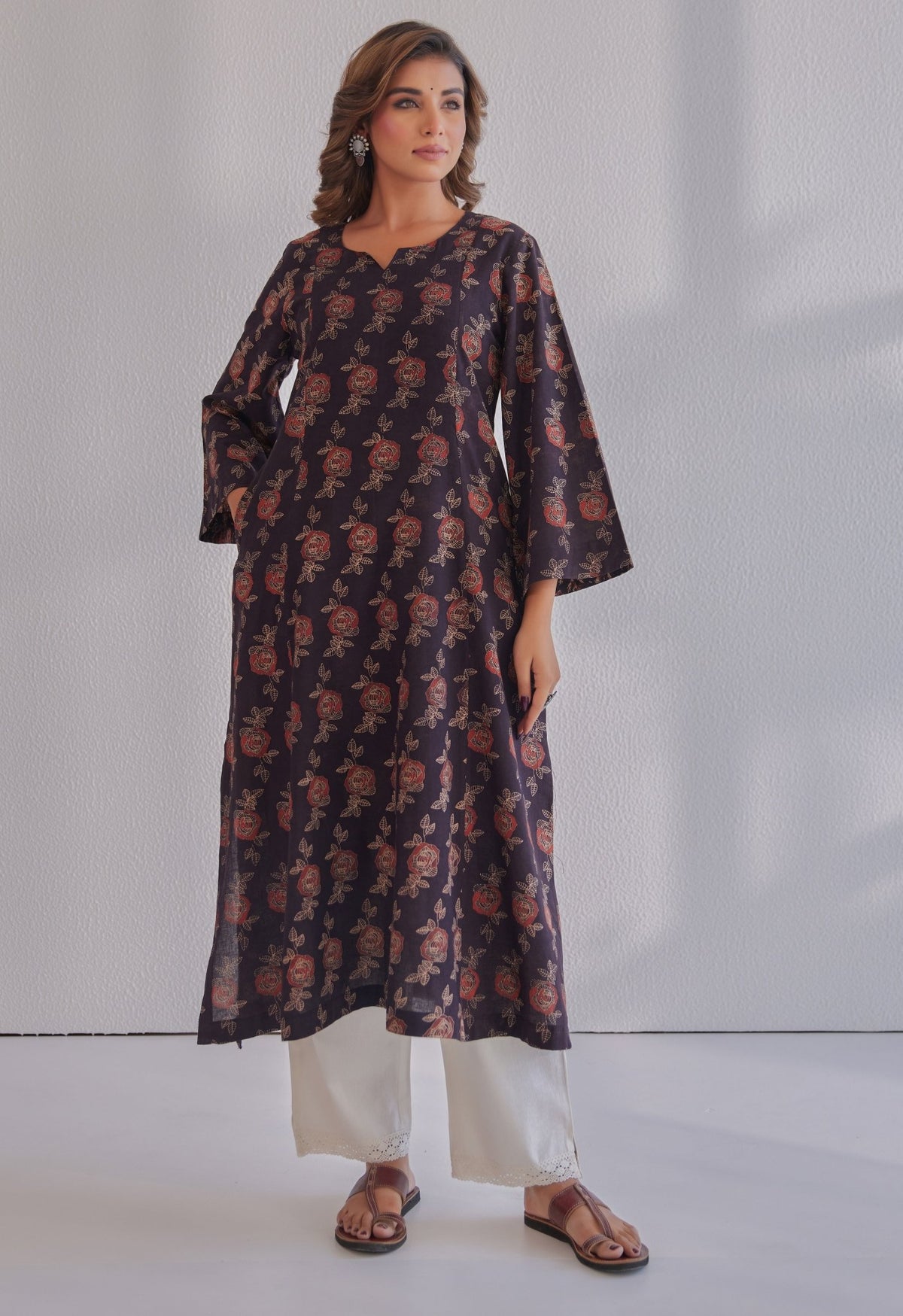 Black Ajrakh Rose Hand Block Printed Cotton Kurta - Tara - C - Tara