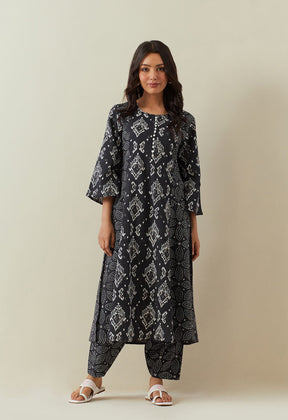 BLACK BAGRU HAND BLOCK PRINTED KANTHA KURTA - Tara - C - Tara