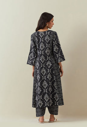 BLACK BAGRU HAND BLOCK PRINTED KANTHA KURTA WITH BOTTOMS - Tara - C - Tara