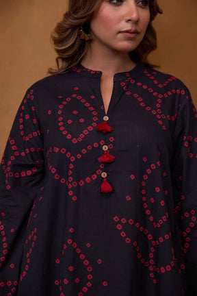 Black Bandhani Printed Kurta & Red Farsi Salwar Co-ord Set - Tara-C-Tara
