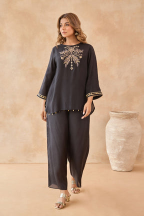 Black Coin-Tassel Embroidered Co-ord Set - Tara-C-Tara