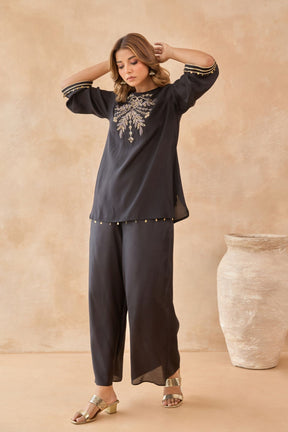 Black Coin-Tassel Embroidered Co-ord Set - Tara-C-Tara