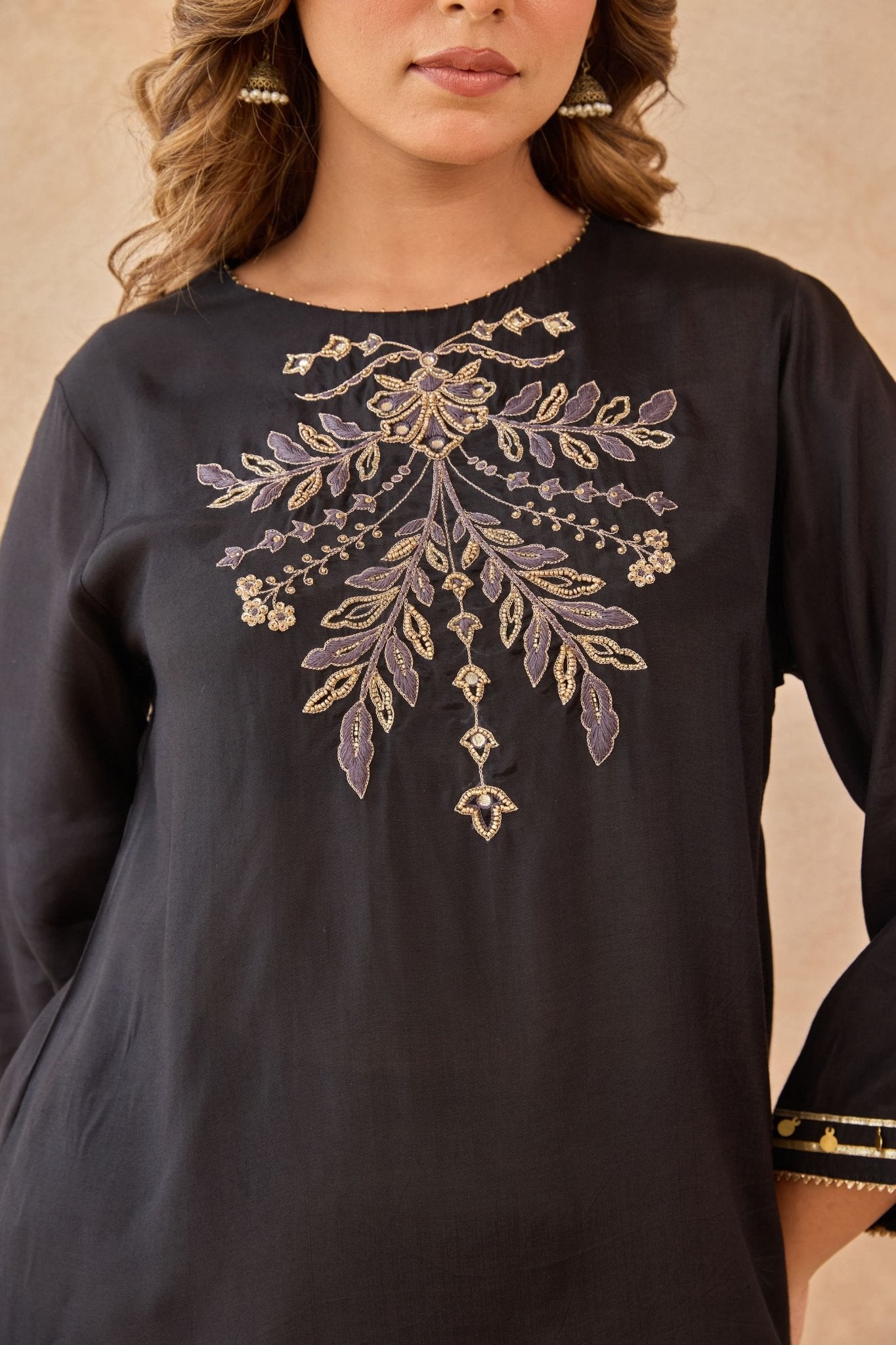 Black Coin-Tassel Embroidered Co-ord Set - Tara-C-Tara
