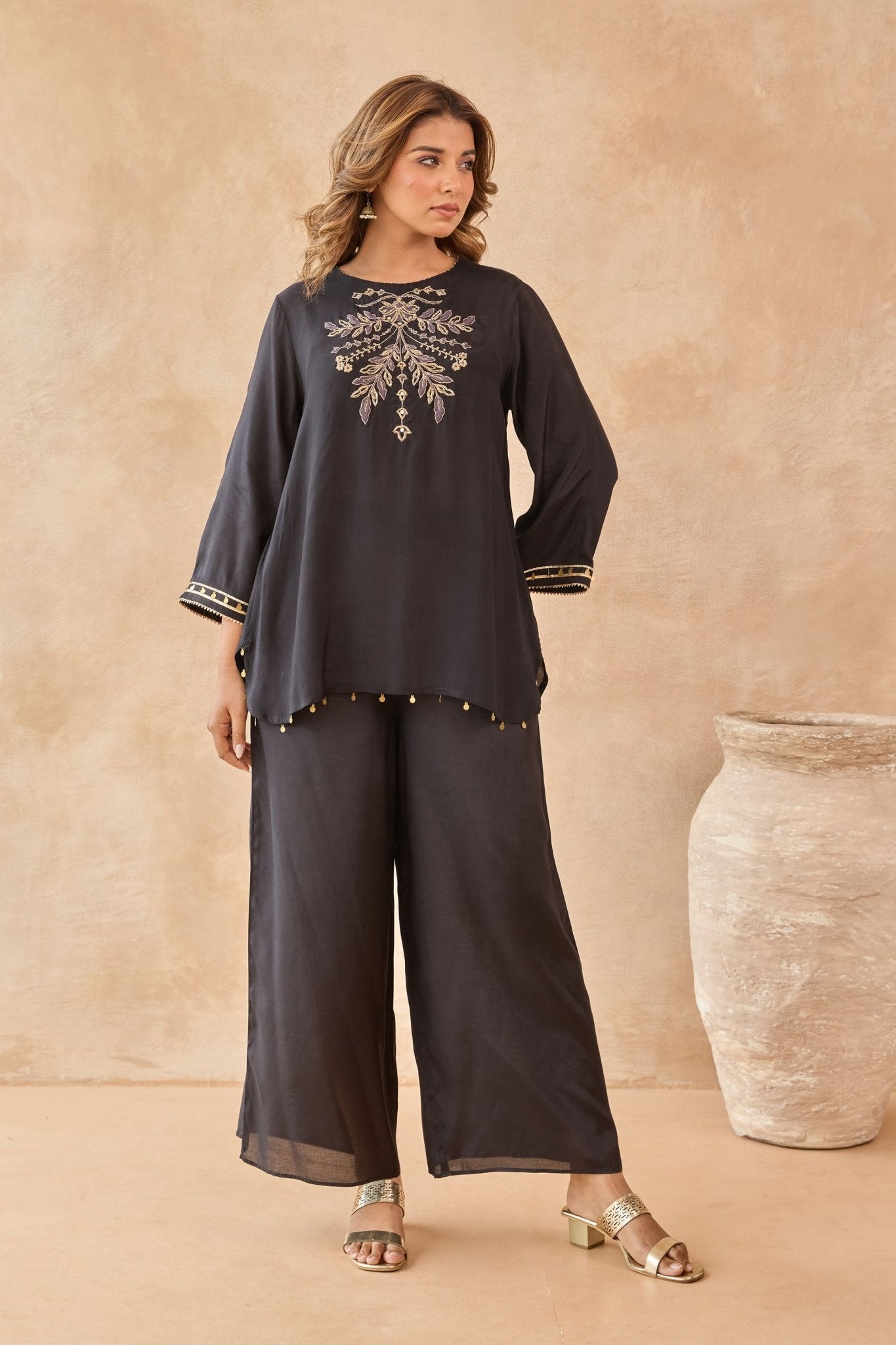 Black Coin-Tassel Embroidered Co-ord Set - Tara-C-Tara