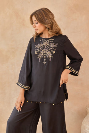 Black Coin-Tassel Embroidered Co-ord Set - Tara-C-Tara