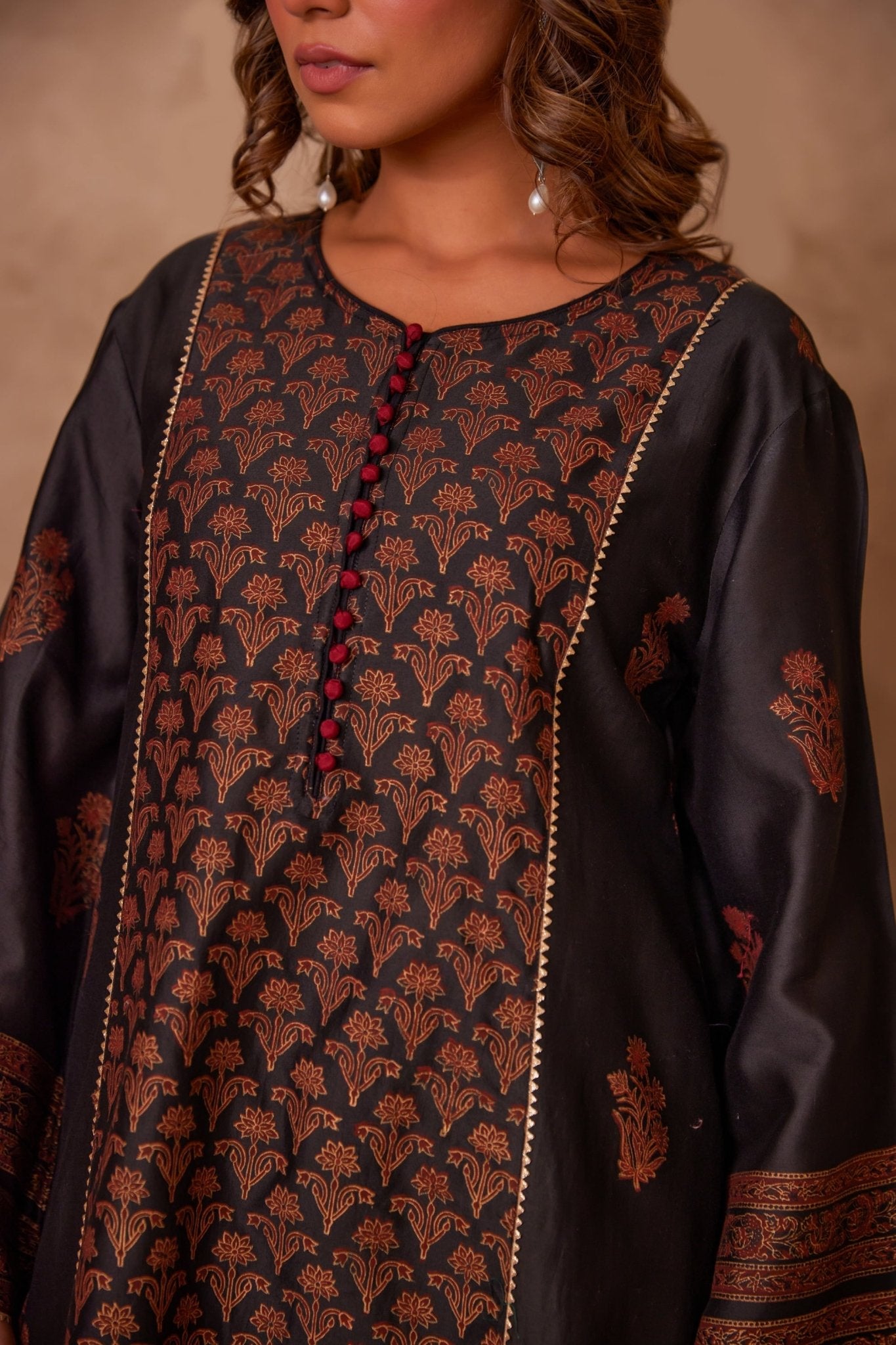 Black Cotton Hand Block Gold Printed Coord Set - Tara - C - Tara