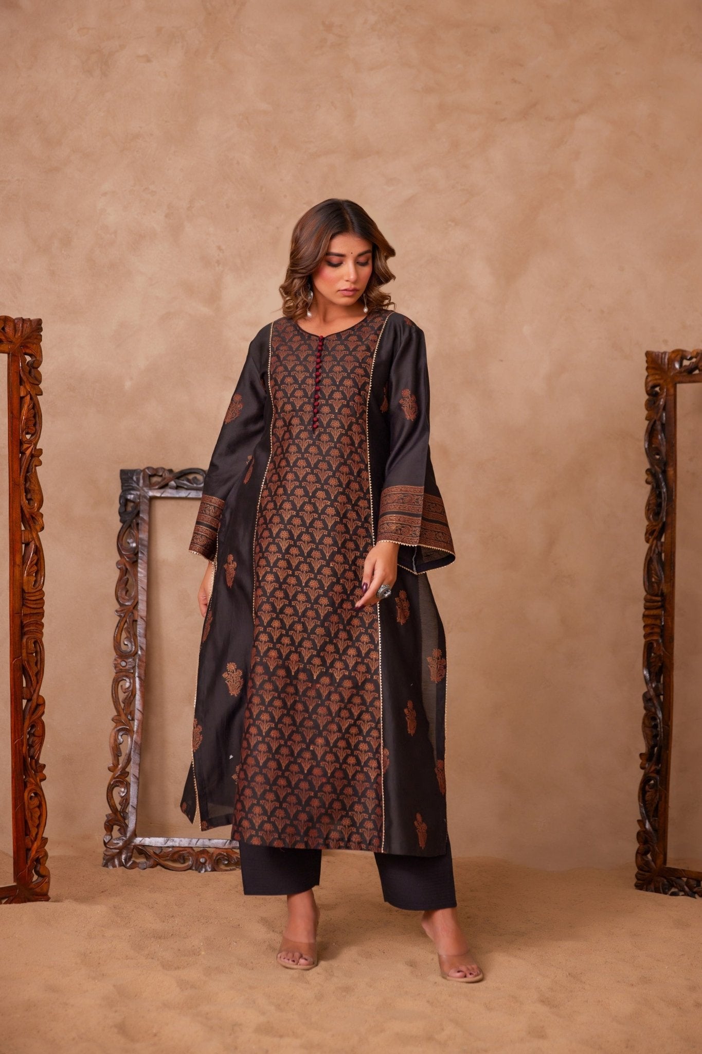 Black Cotton Hand Block Gold Printed Coord Set - Tara - C - Tara