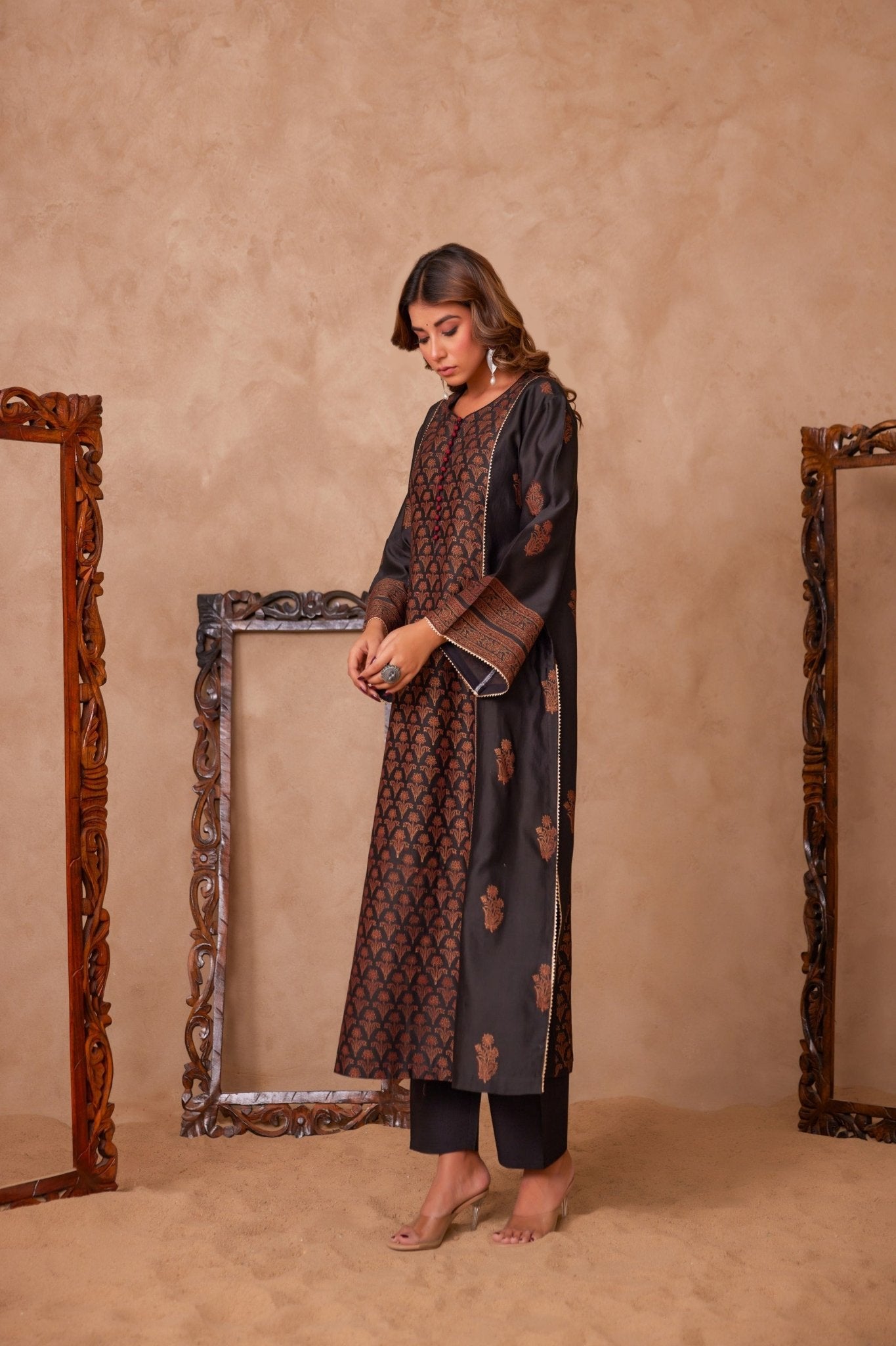 Black Cotton Hand Block Gold Printed Coord Set - Tara - C - Tara