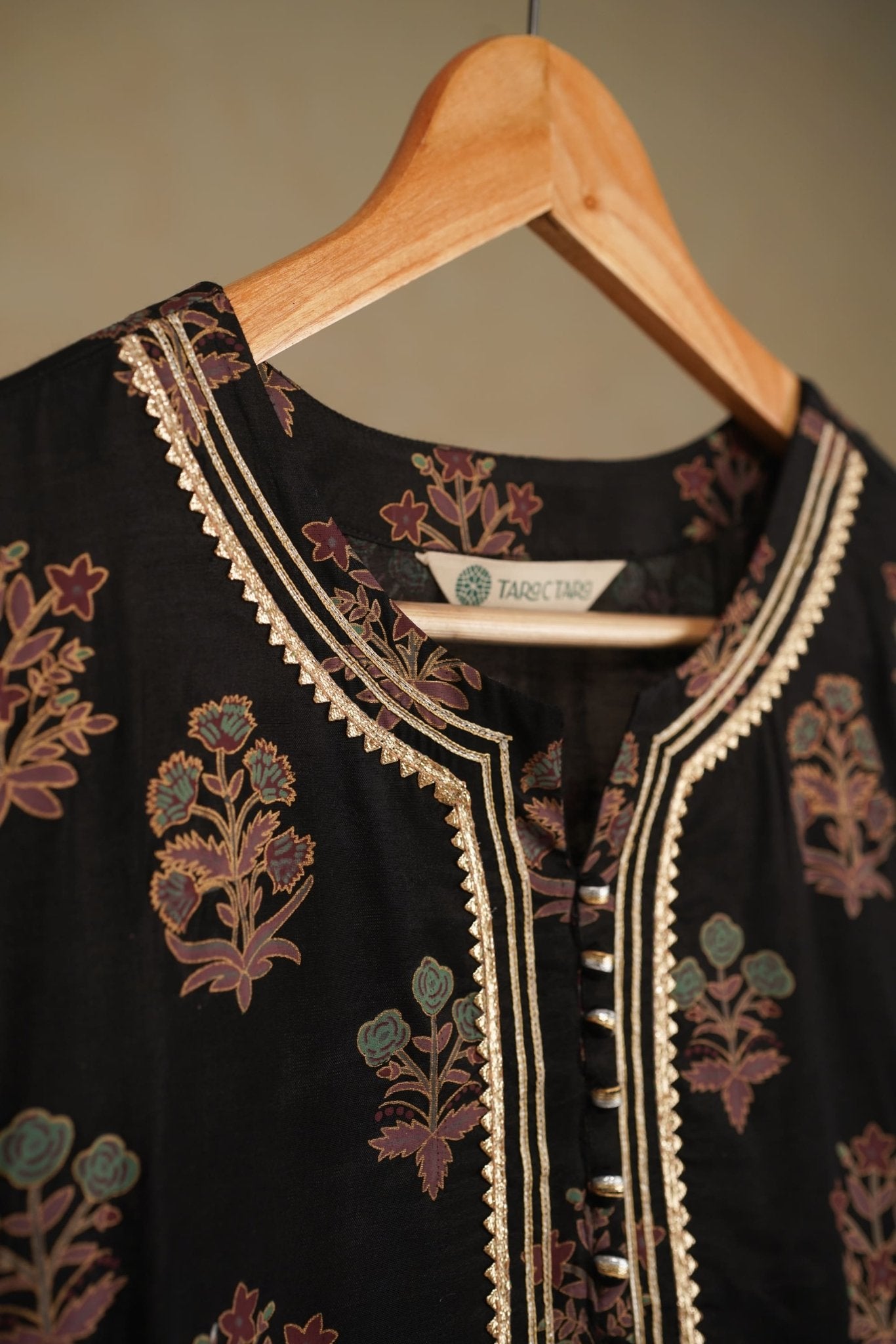 Black Floral Printed Art Silk Kurta - Tara-C-Tara