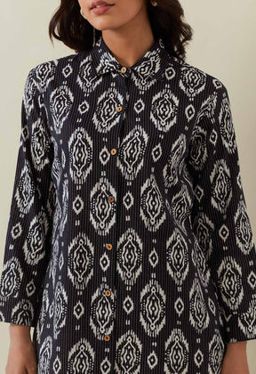 BLACK HAND BLOCK PRINTED KANTHA SHIRT DRESS - Tara - C - Tara