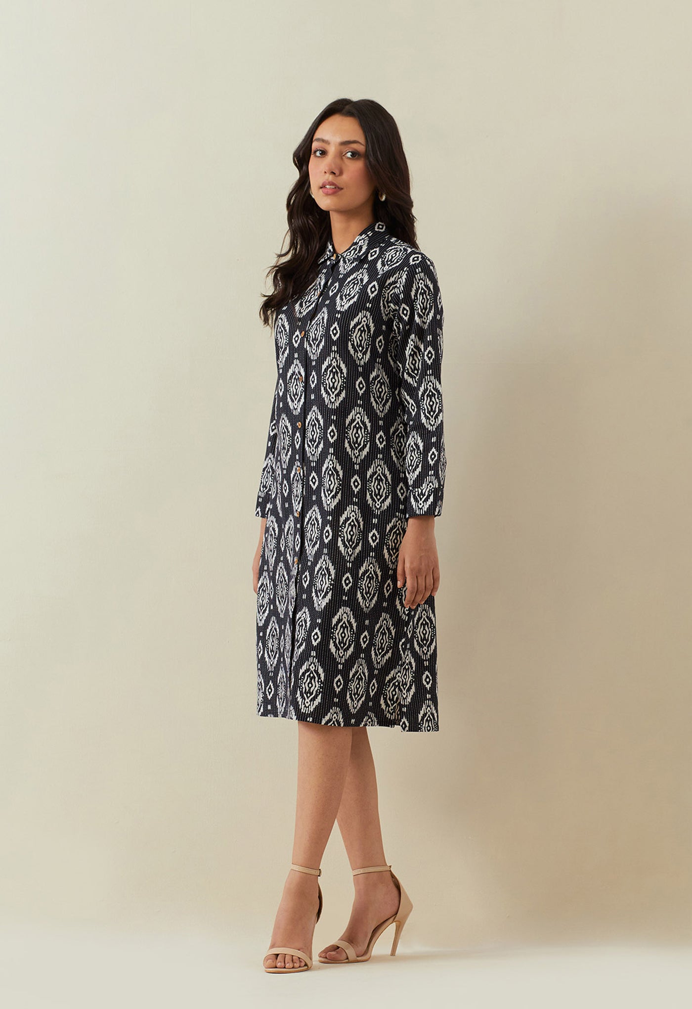 BLACK HAND BLOCK PRINTED KANTHA SHIRT DRESS - Tara - C - Tara