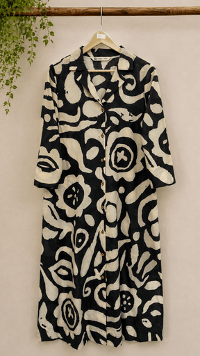 Black & Ivory Abstract Print Cotton Kurta - Tara-C-Tara