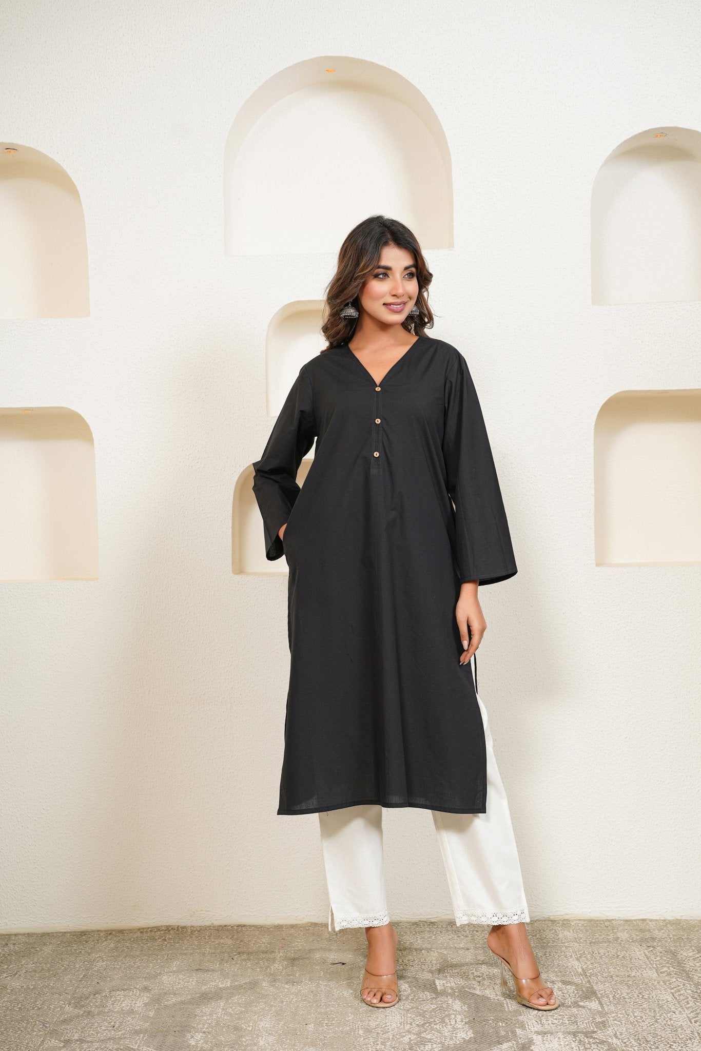 Black Premium Cotton Long Kurta - Tara - C - Tara