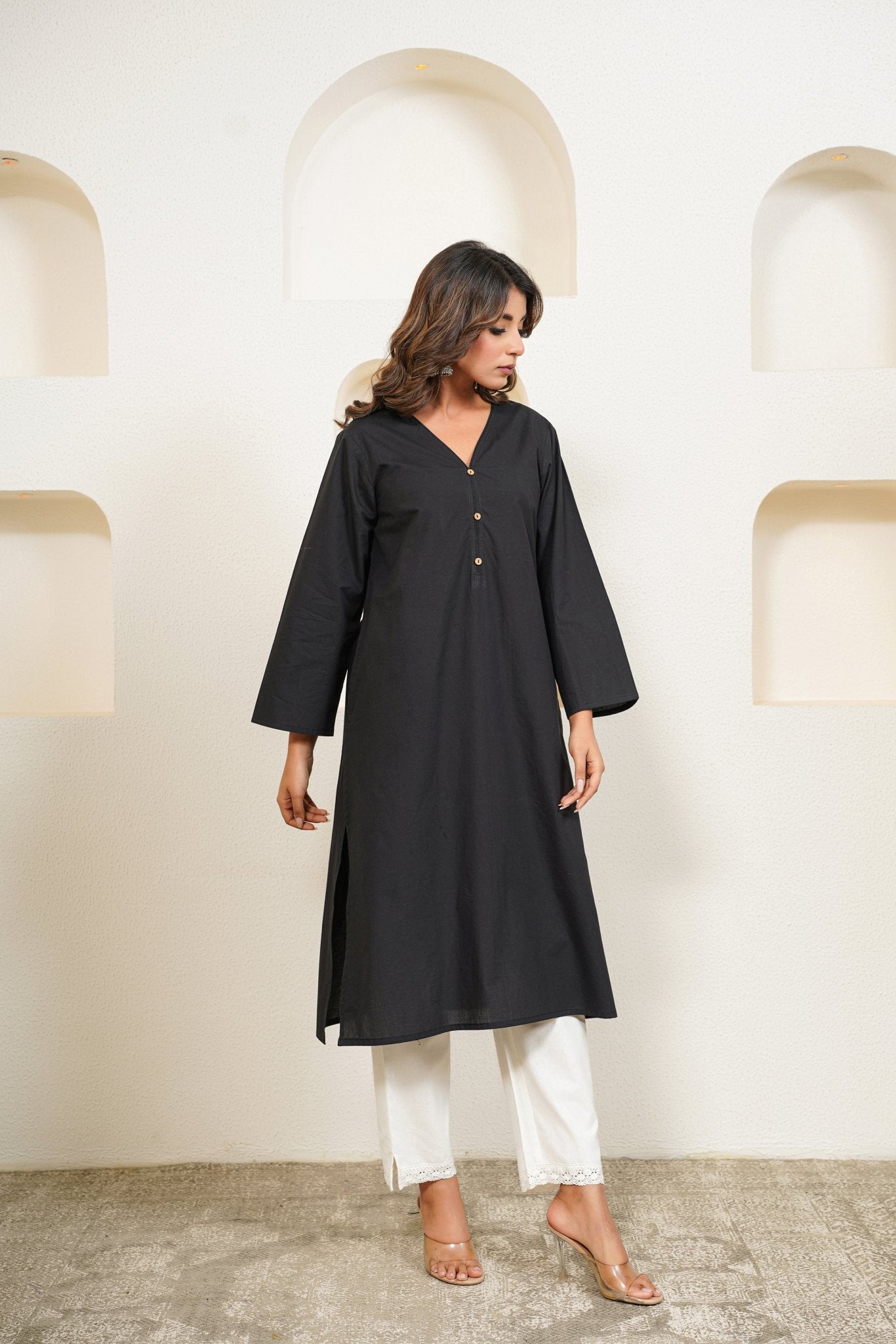 Black Premium Cotton Long Kurta - Tara - C - Tara