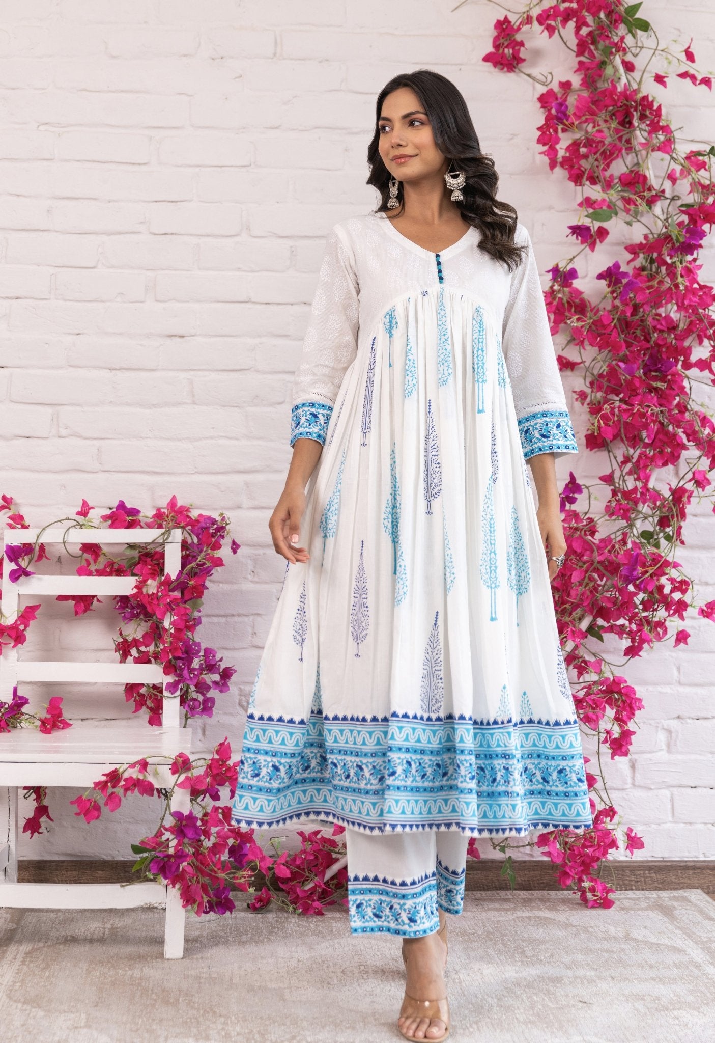 BLUE AND TURQUOISE HAND BLOCK PRINTED GATHERED ANARAKLI WITH DORIYA AND BOTTOMS - Tara - C - Tara