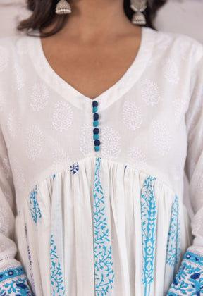 BLUE AND TURQUOISE HAND BLOCK PRINTED GATHERED ANARAKLI WITH DORIYA AND BOTTOMS - Tara - C - Tara