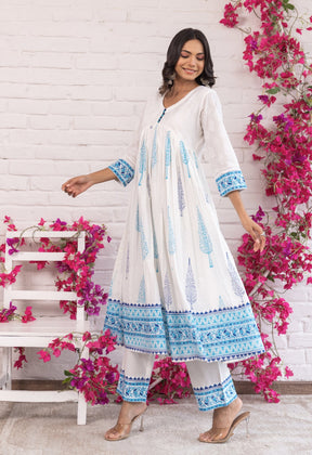 BLUE AND TURQUOISE HAND BLOCK PRINTED GATHERED ANARAKLI WITH DORIYA AND BOTTOMS - Tara - C - Tara