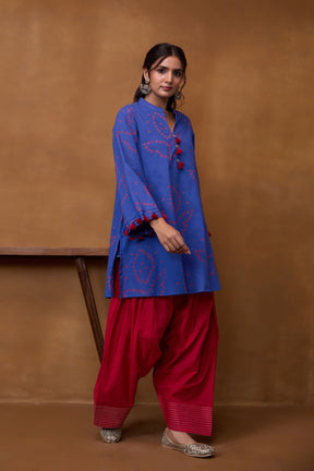 Blue Bandhani Printed Kurta & Red Farsi Salwar Co-ord Set - Tara-C-Tara