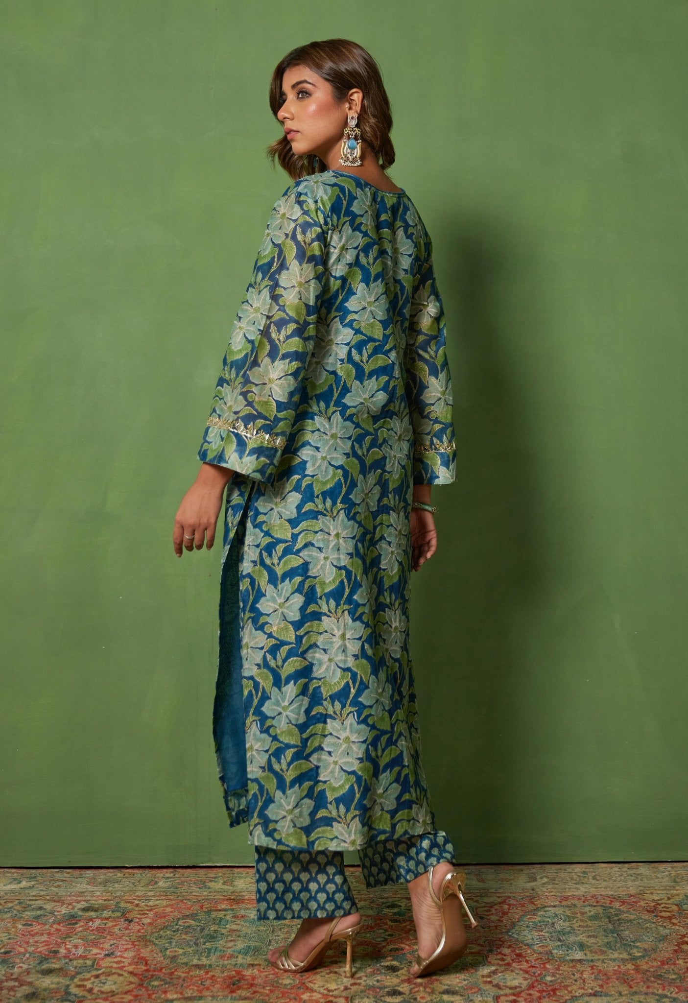 Blue Charm: Hand Block Printed Chanderi Kurta set - Tara - C - Tara