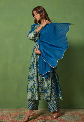 Blue Charm: Hand Block Printed Chanderi Kurta set - Tara - C - Tara