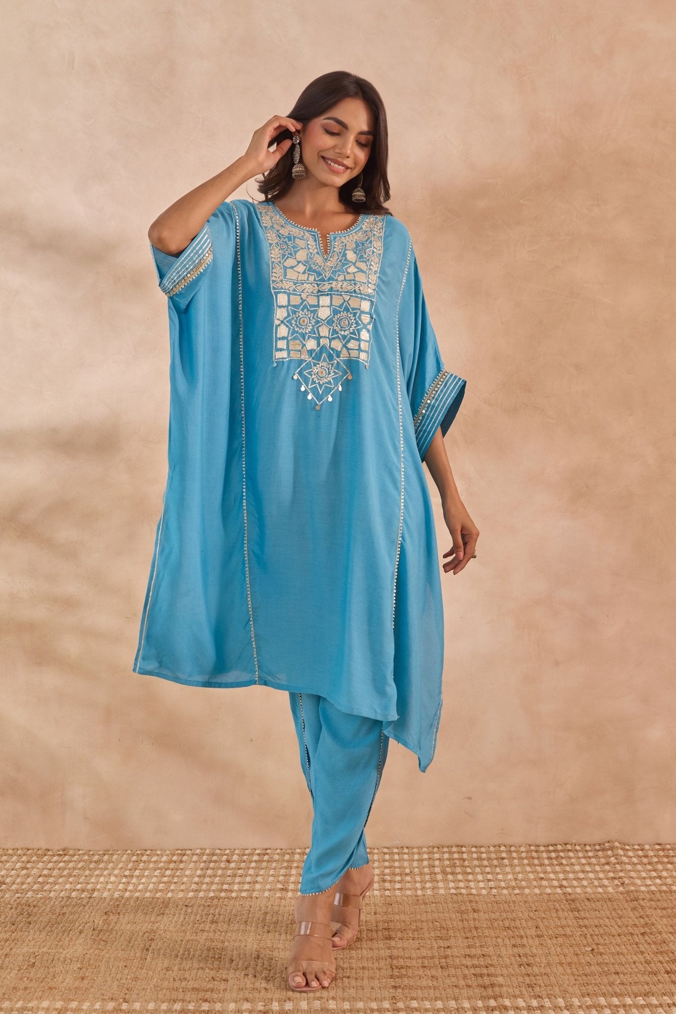 Blue Cotton Silk Embroidered Kaftan Set - Tara - C - Tara