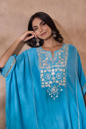 Blue Cotton Silk Embroidered Kaftan Set - Tara - C - Tara