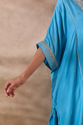 Blue Cotton Silk Embroidered Kaftan Set - Tara - C - Tara