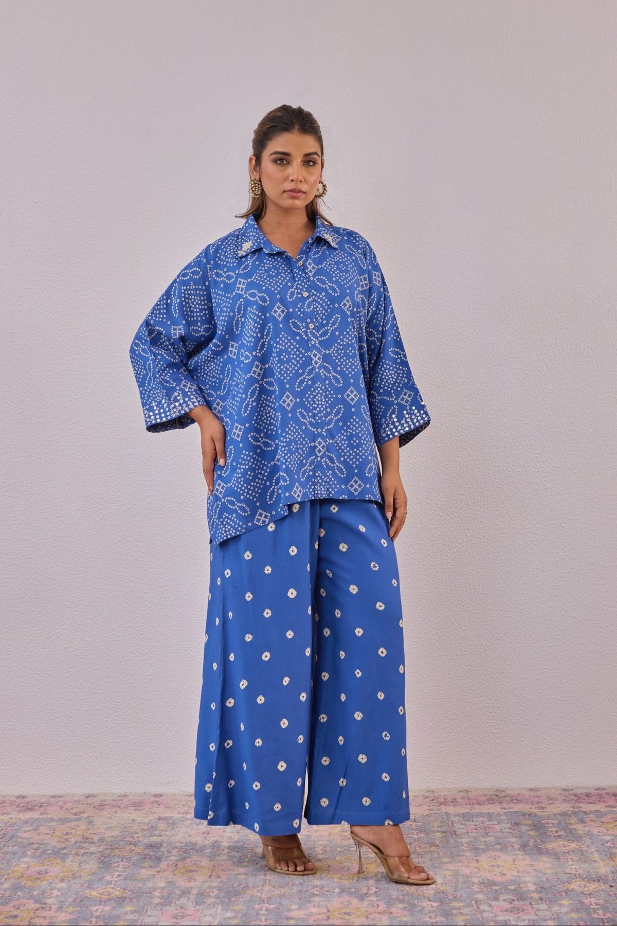 Blue Embroidered Bandhej Printed Coord Set With Palazzo Pant - Tara - C - Tara