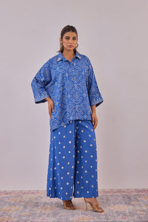 Blue Embroidered Bandhej Printed Coord Set With Palazzo Pant - Tara - C - Tara