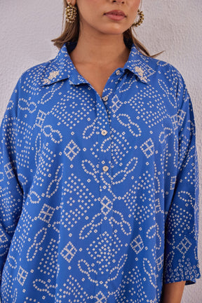 Blue Embroidered Bandhej Printed Coord Set With Palazzo Pant - Tara - C - Tara