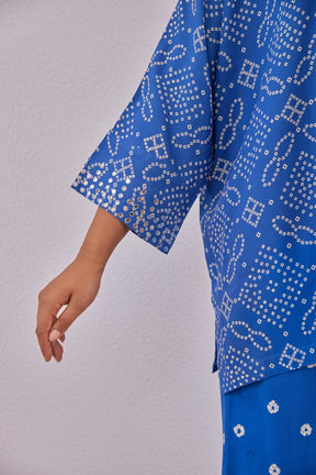 Blue Embroidered Bandhej Printed Coord Set With Palazzo Pant - Tara - C - Tara
