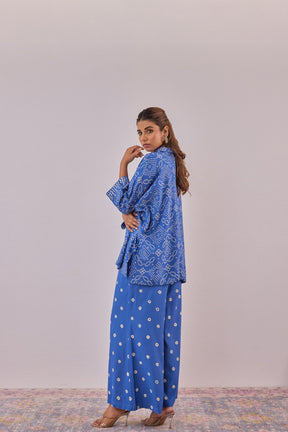 Blue Embroidered Bandhej Printed Coord Set With Palazzo Pant - Tara - C - Tara