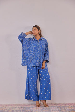 Blue Embroidered Bandhej Printed Coord Set With Palazzo Pant - Tara - C - Tara