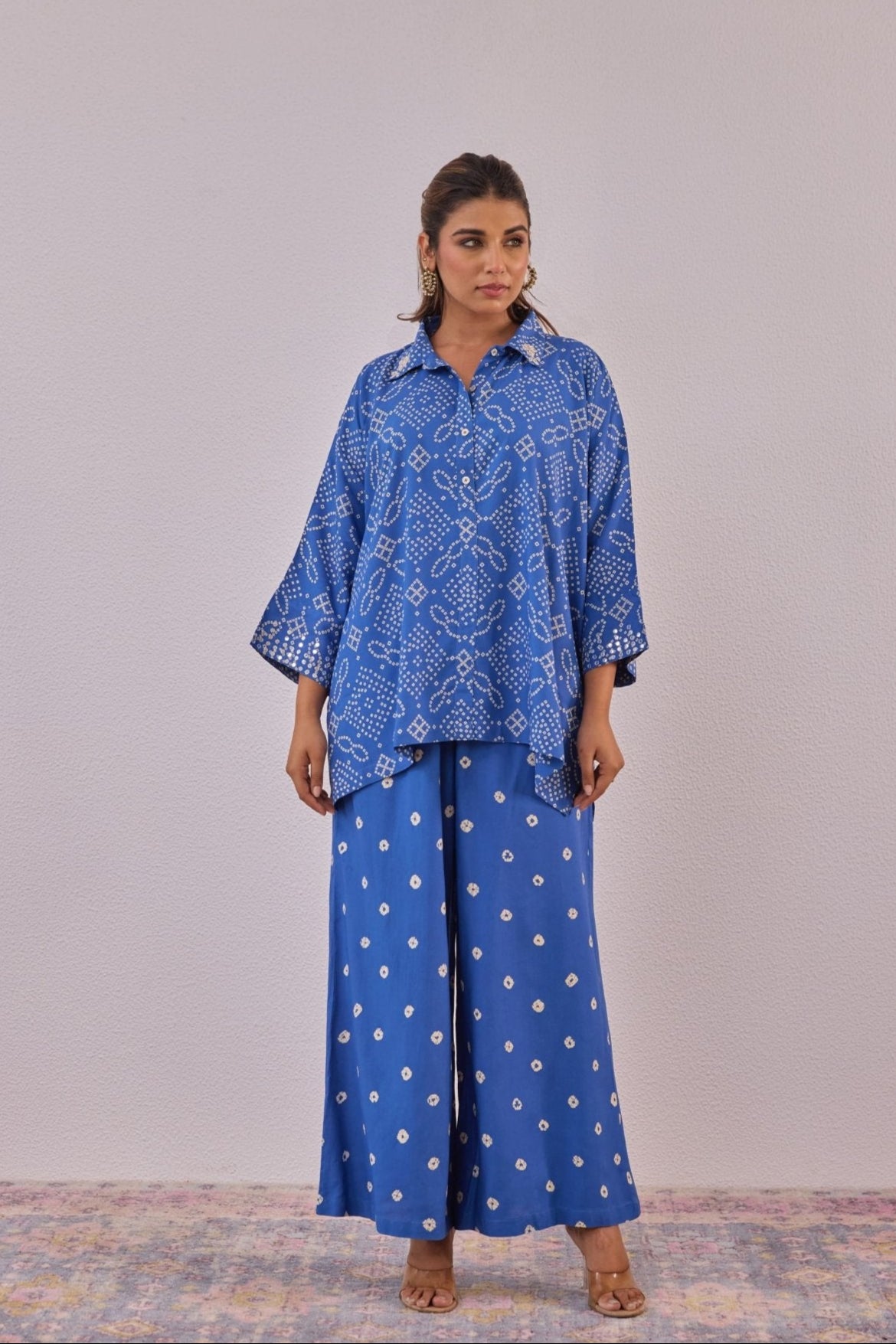 Blue Embroidered Bandhej Printed Coord Set With Palazzo Pant - Tara - C - Tara